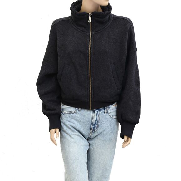 Free People Sweatshirt Jacket Top Ruffle Soft Cotton Oversized Black S 278696 - Picture 1 of 5